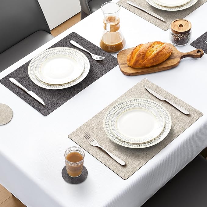 MOSAYT Faux Leather Placemats Set of 6, Heat Resistant Wipeable Washable Vinyl Place Mats with Coasters, Waterproof Oil Proof Table Mats for Kitchen Dining Party Outdoor, 12" x 17", Grey Beige
