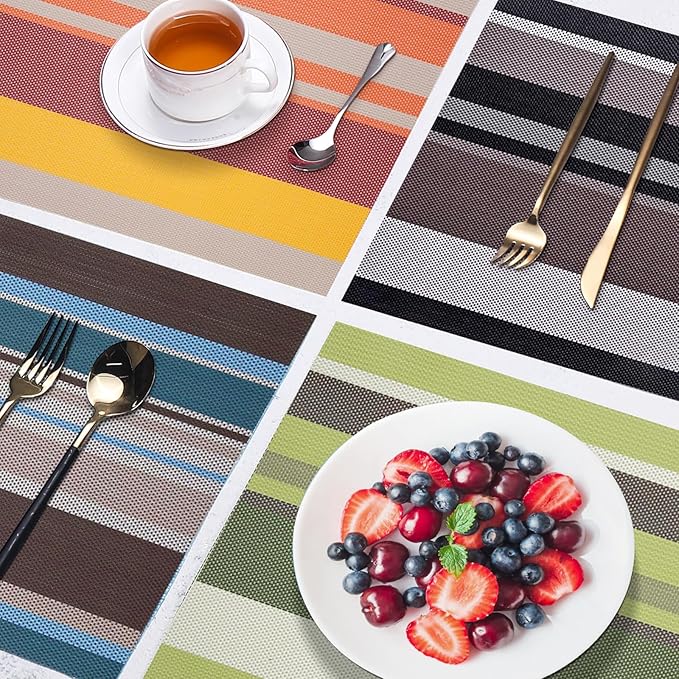 Set of 6 Colorful Striped Vinyl Placemats Heat-Resistant Washable Placemats Non-Slip Woven Table Mats Wipeable Placemat for Kitchen Dining Table Decoration Indoor Outdoor (Meadow Green)