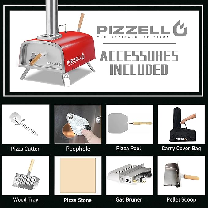 PIZZELLO 13" Outdoor Pizza Oven Propane Wood Fired Outdoor Foldable Pizza Ovens with Gas Burner, Wood Tray Pizza Stone, Pizza Peel, Cover