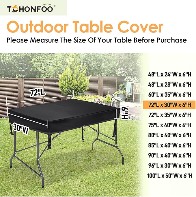 TOHONFOO Rectangular Folding Table Cover - Waterproof Anti-UV Outdoor Table Covers - Outdoor Table Cover 72" L x 30" W x 6" H