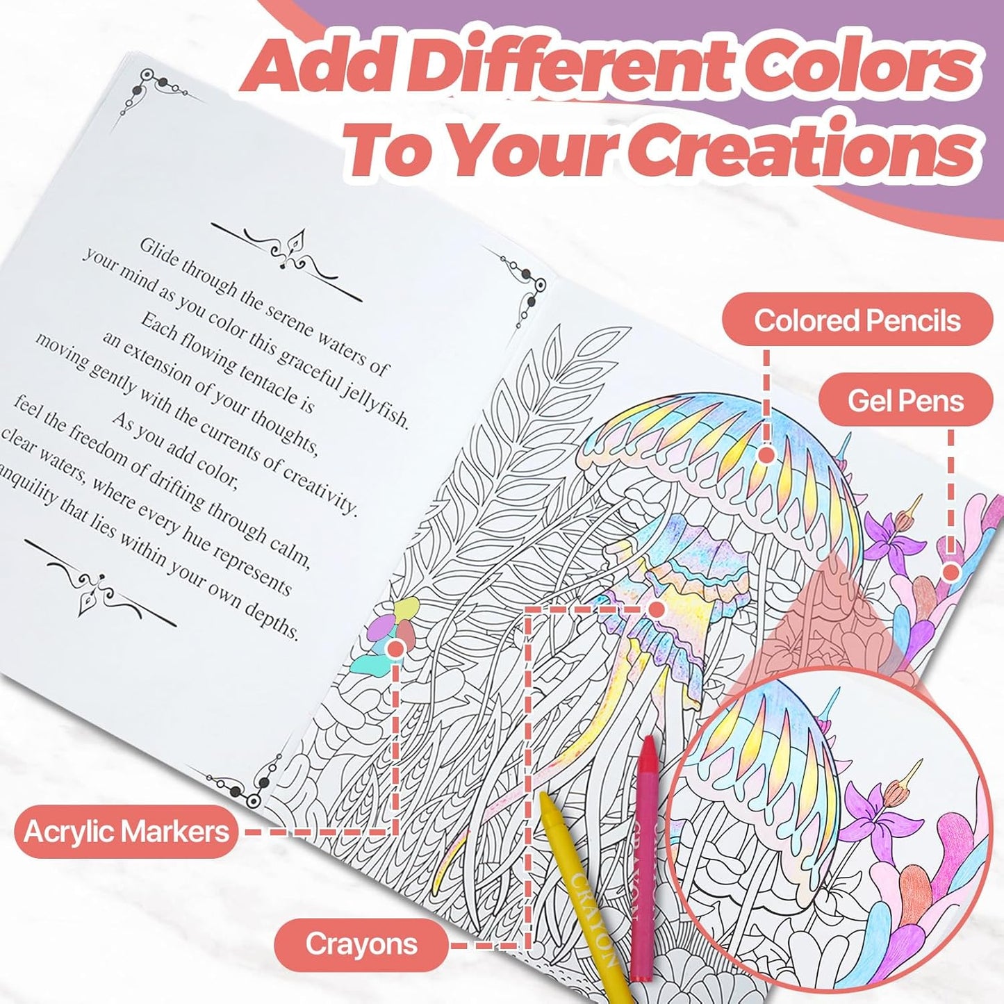 CONDA Coloring Book, 7.1 x 8.5 inches, 2 Books with Mindfulness Quotes, 96 Different Beautiful Patterns, Adult Coloring Book for Relaxation, Inspirational Books for Women Men