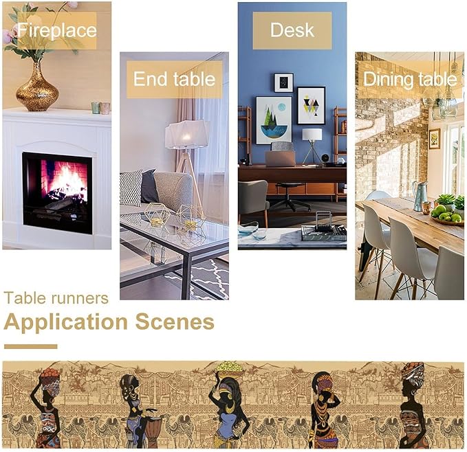 African Black Woman Table Runners, American Art Ethnic Tribe Elephant Table Runners for Wedding Party Banquet Dinner Kitchen Coffee 13x70in