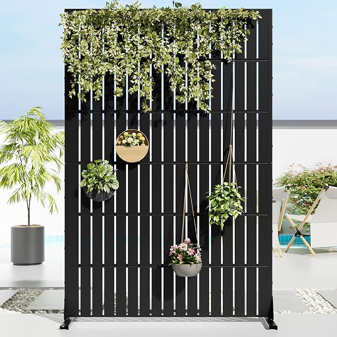 Casaphoria Metal Privacy Screen Outdoor, 72" H x 47" W Freestanding Decorative Privacy Screen for Patio Deck Balcony Garden with Stable Base, Black-Fence