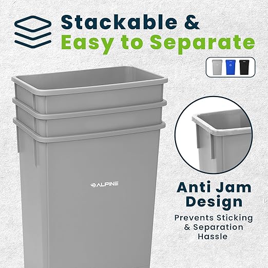 Alpine 23 Gallon Slim Recycling & Trash Bin Set – 3-Pack Blue/Black/Grey Plastic Narrow Open-Top Garbage Cans for Office, Home, School & Commercial Use