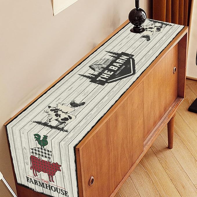 Farmhouse Pig Cow Table Runner, Rustic Black Rooster Animals Coffee Table Center Decor for Family Kitchen Dining Room and Living Room Outdoor Country Holiday Party Table Decorations, 13" X 36"