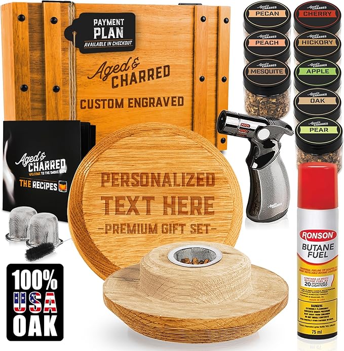 Custom Whiskey Cocktail Smoker Kit with Torch & Wood Chips - Premium Set, USA Oak Smoker - Old Fashioned Cocktail Kit for Whiskey Lovers - Bourbon Gifts for Men - Gift from Wife, Daughter, Son