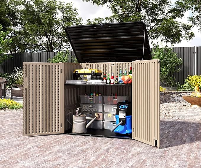 HOMSPARK Storage Shed Weather Resistance, Multi-Purpose Outdoor Storage Cabinet for Backyards and Patios, Horizontal Storage Shed for Lawnmower, Patio Accessories (Brown, X Large - 48 cu.ft)