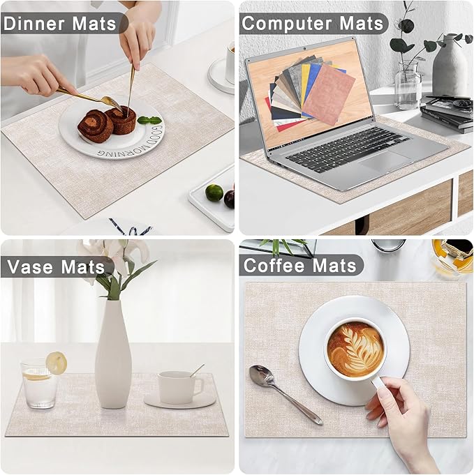Homaxy Faux Leather Heat Resistant Placemats for Dining Table Set of 6, Waterproof Wipeable Washable PU Table Mats, Easy to Clean Anti-Slip Place Mats, 11.8" x 17", Beige