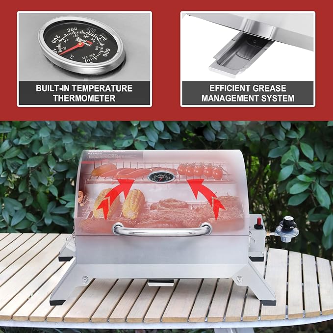 Royal Gourmet GT1001 Stainless Steel Portable Grill, 10000 BTU BBQ Tabletop Gas Grill with Folding Legs and Lockable Lid, Outdoor Camping, Deck and Tailgating, Silver