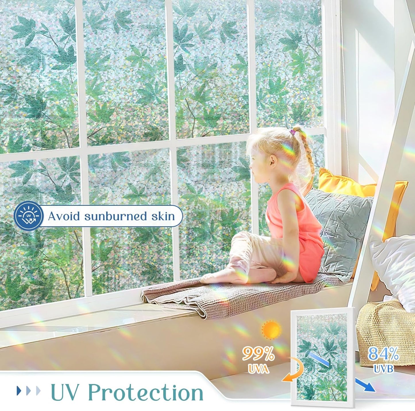 Haton Window Privacy Film, Decorative Stained Glass Window Clings, 3D UV Sun Blocking Sticker, Removable Static Cling Heat Control Tint for Home Door, Leaf Rainbow, 35.4" x 78.7" Non-Adhesive