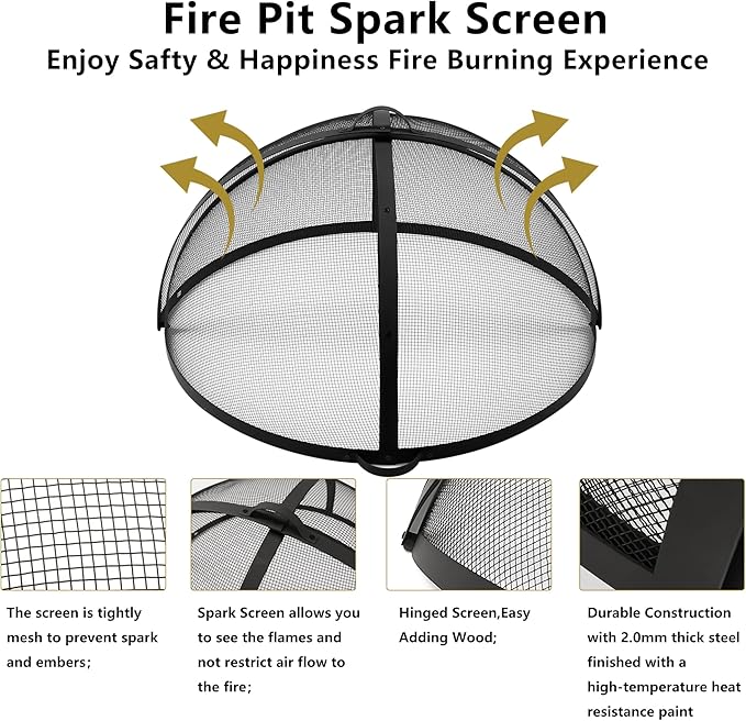 WeCooper 32In Round Fire Pit Spark Screen Cover, Outdoor Patio Easy-Opening FirePit Mesh Screens, Heavy Duty Steel Fire pits Ember Lid with Hinge