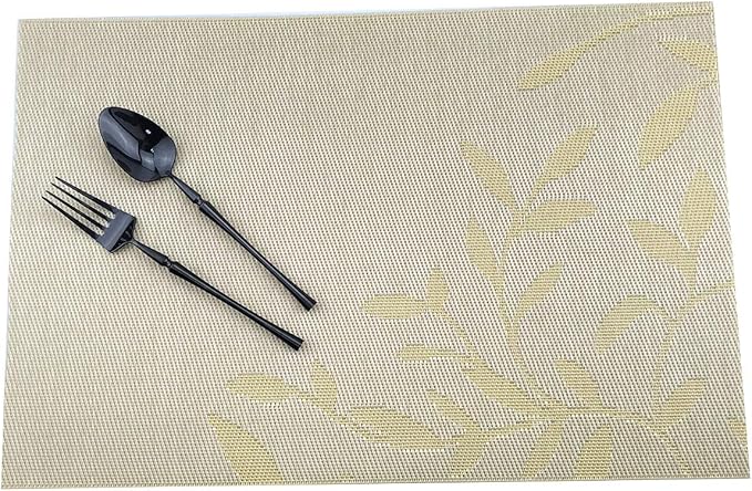 Gugrida Place Mats PVC Set of 6, Table Placemats Set of 6 PVC Washable Woven Vinyl Place Mats Heat Insulation Top Meal Mat Table Mats Natural Color (6 pcs, Yellow Leaves), Large