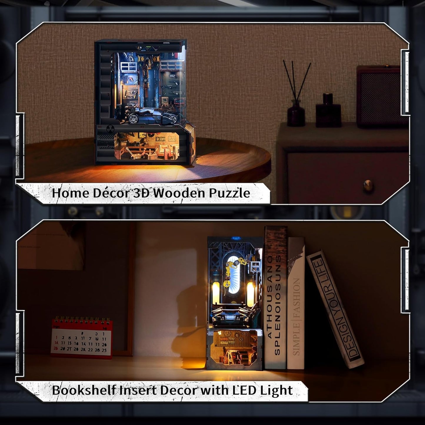 3D Wood Puzzle Book Nook Kit, Automobile Workshop Miniature Bookshelf Insert Décor with LED Lights, DIY Mechanical Model for Display, Unique Craft for Adults and Teens (Automobile Workshop)