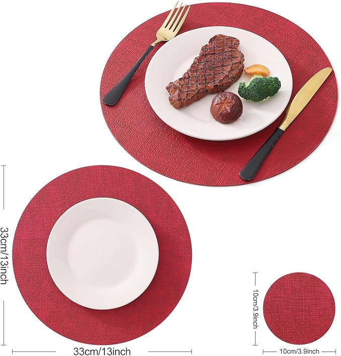 Homaxy Round Faux Leather Placemats and Coasters, Washable Dual-Side Table Mats, Wipeable Heat-Resistant Dining Place Mats for Outdoor and Indoor, Set of 8, Diameter 13 and 3.93 inch, Red