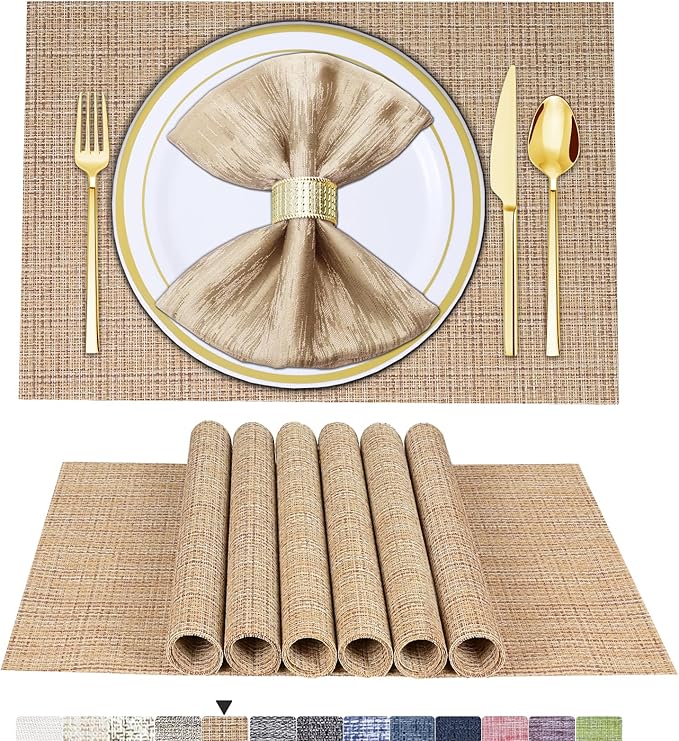 BETEAM Placemats Set of 6, Woven Vinyl Placemat for Dining Table Washable Wipeable Kitchen Place Mats Durable Indoor Outdoor Table Mats