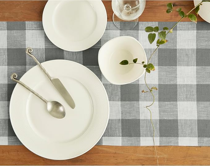 Solino Home Linen Checkered Table Runner 108 Inches Long - 100% Pure Linen Grey and White Buffalo Check Table Runner 14 x 108 Inch Ideal for Dining, Spring, Easter