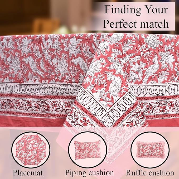 CPC Tablecloth 100% Cotton 60x60 Inch Indian Block Print Square Table Cover, Table Cloth for Weddings, Spring/Summer, Barbeque - Pink Coral
