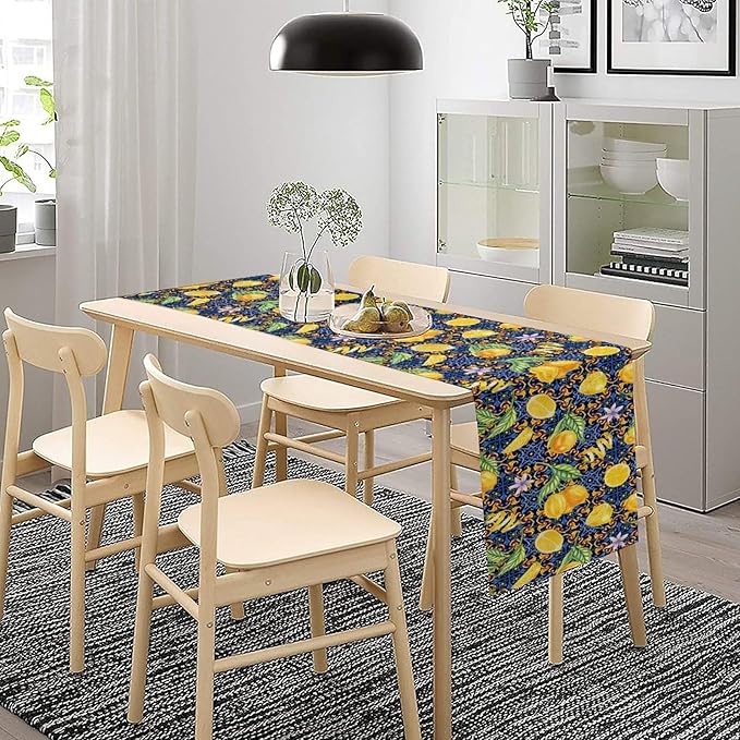 Yellow Lemon Table Runner Vintage Retro Summer Fruit Blue White Floral Printed Dining Table Decoration for Home Holiday Party Dresser Kitchen Cabin Restaurant Wedding Decor 13×90in