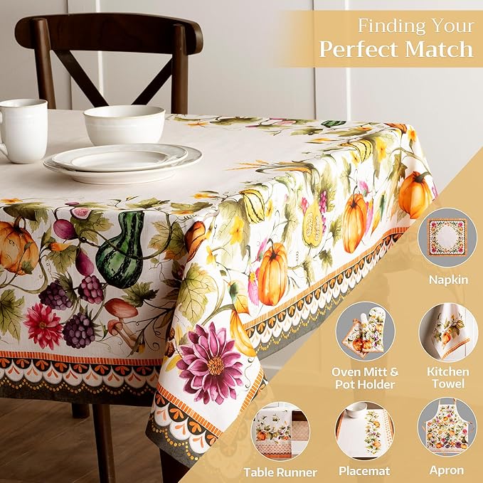 Maison d' Hermine Table Cloth Rectangle Table 100% Cotton 54 x 72 Inches Fall Tablecloth Reusable Everyday Use for Thanksgiving Christmas Decorations Dining Farmhouse (Pumpkin Garden - Cloudy Cream)