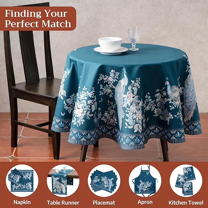 Maison d' Hermine Premium Table Cloth Round Table 100% Combed Cotton 70" Diameter Inches Tablecloth Reusable Decorative for Dining Room, Farmhouse, Party, Festive & Wedding - Peacock Utopia - Deep Sea