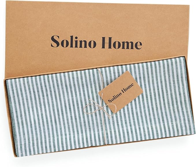 Solino Home Linen Table Runner 90 Inches Long - Narrow Stripe, 100% Pure Linen Rainforest and White Farmhouse Table Runner 14 x 90 Inch for Dining, St Patricks Day