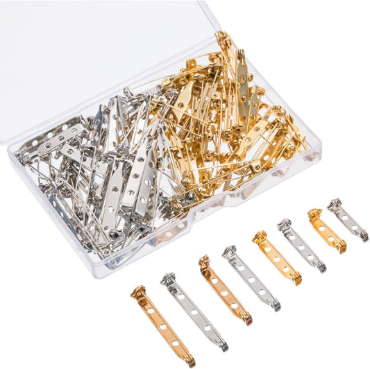 Shappy 100 Pieces Brooch Pin Backs Bar Pins Backs for Crafts Safety Clasp with Plastic Box, Gold and Silver, 4 Sizes, 20/25/32/38 mm