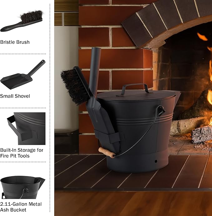 Pure Garden Ash Bucket - Metal Bucket with Lid (2.11-Gallon), Broom, and Shovel for Fireplace or Firepit Ashes - Fireplace Tools (Black) - 1 Count