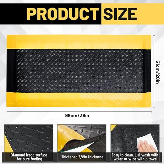 Timgle Anti Fatigue Mats Industrial 1.67 'x 3.25' Heavy Duty Commercial Grade Diamond Plate Vinyl Non Slip Safety Ergonomic Floor Mat Black with Yellow Border 7/8 Inch Thick Sponge for Work Stand