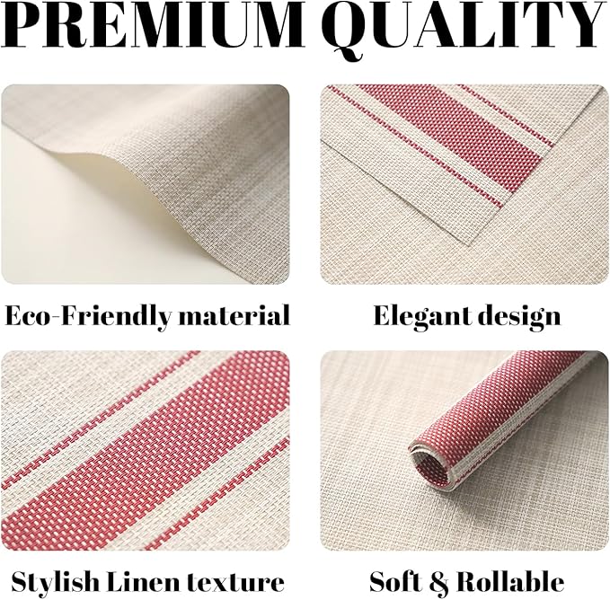 Placemats Set of 8 Vinyl/Plastic Woven Place Mats for Kitchen Table Indoor/Outdoor Washable Placemat Wipeable Dining Table Mats (Khaki Red,8)