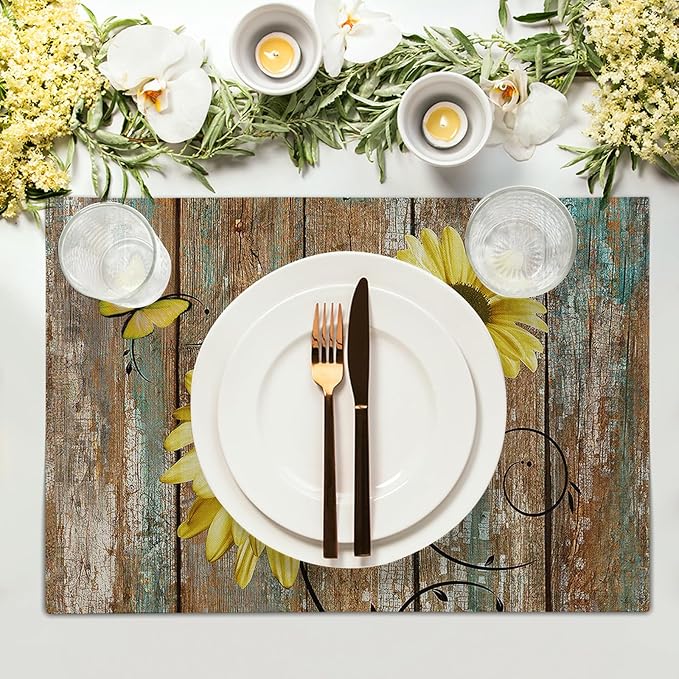 Giwawa Rustic Daisy Placemats Set of 4- Yellow Sunflowers Vintage Wood Board Linen Place Mat- Farmhouse Wooden Floral Non Slip Heat Resistant Table Mats for Kitchen Dining Cabin Lodge Decor