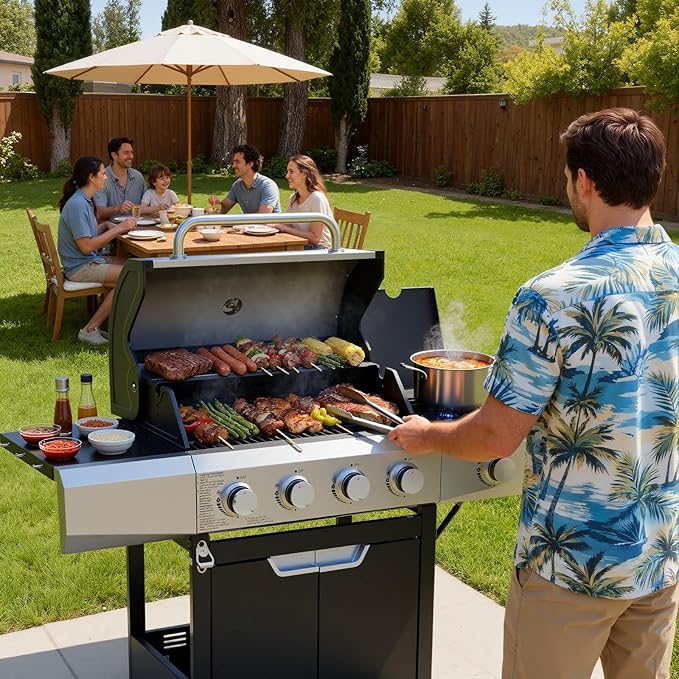 Upgraded 51,000 BTU Stainless Steel Burner Barbecue Grill, 4 Burner BBQ Propane Gas Grill with Side Burner, 452 sq.in Cooking Area with Porcelain for Patio, Camping, Outdoor Cooking