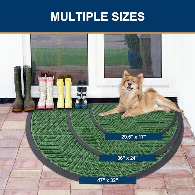 Smiry Half Circle Front Door Mat Outside Entrance, Heavy Duty Sturdy Natural Rubber Doormat, Trap Dirt and Moisture, Low Profile Mats for Indoor Outdoor Entry, Irregular Triangle (36x24, Green)
