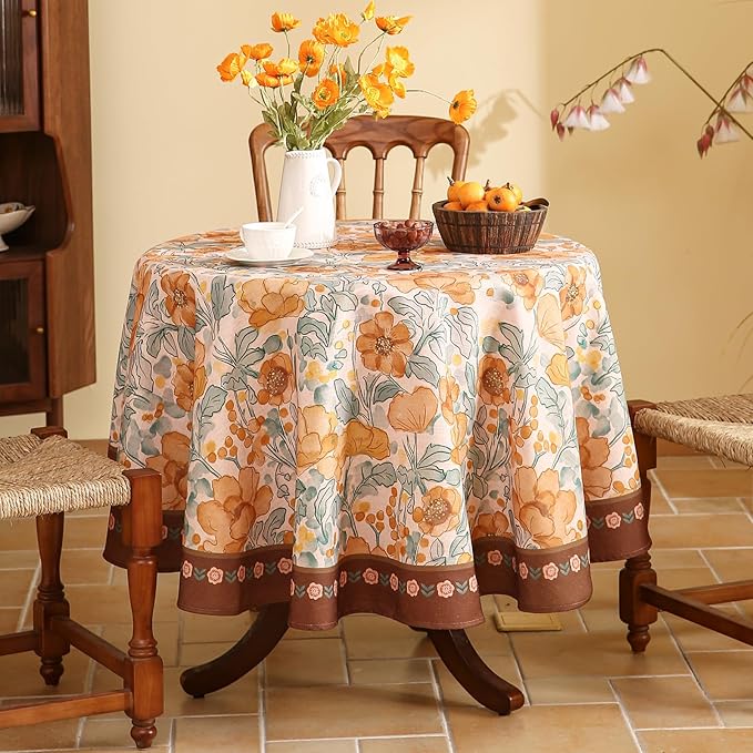 Vintage Linen Round Tablecloth,Italian Orange Floral Soft and Wrinkle Free Tablecloths,Decorative Table Cover for Kitchen,Dining,Tea Party,Home,Christmas,Diameter 67"-Positano