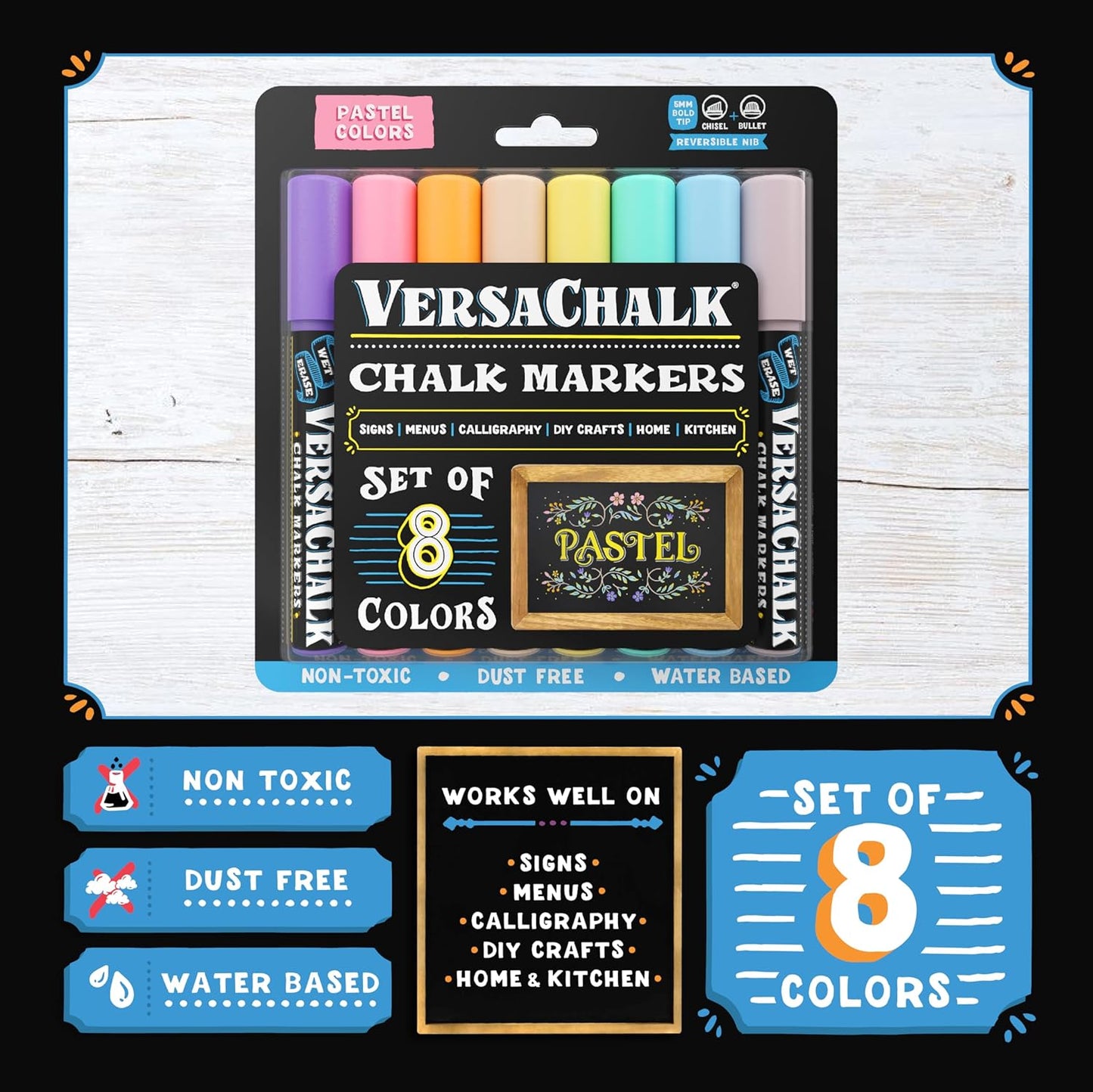 VersaChalk Pastel Liquid Chalk Markers, Set of 8-5mm Tip