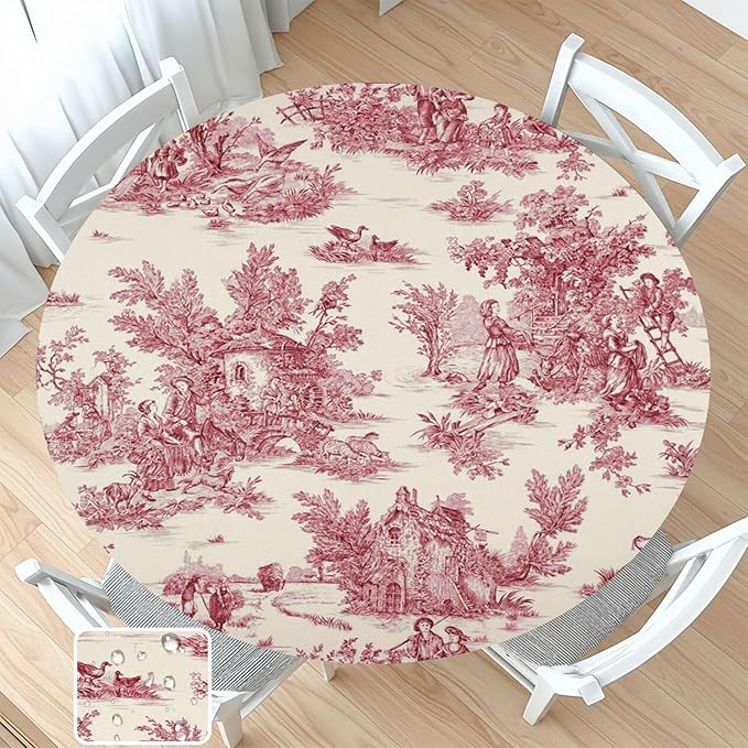 French Country Round Fitted Tablecloth with Elastic Vintage Red Circle Table Cloth for 40-44" Round Tables Wipeable Waterproof Rustic Burgundy Pink Village Table Cover for Dining Patio Picnic Decor