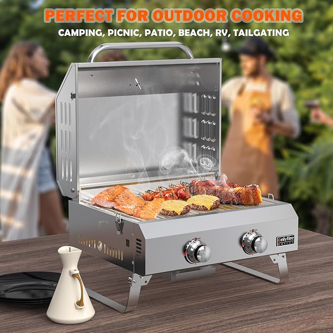Tabletop Gas Grill 2 Burners, 20" Portable Propane Grill with Foldable Legs for Outdoor Patio Backyard Camping Tailgating RV Trip Beach, Stainless Steel Gas Stove 16000BTU, GS322
