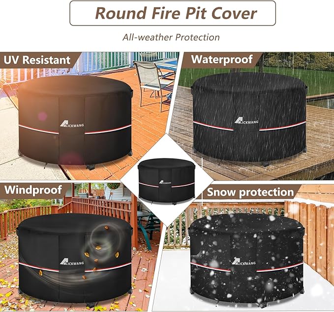 Fire Pit Cover Round 36 Inch Waterproof,Outdoor Heavy Duty Durable 600D Tear-Resistant Fire Pit Table Cover,Patio Round Firepit Cover 36" D x 24" H, Black