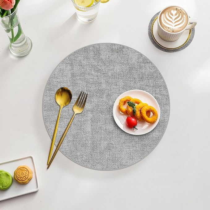 Homaxy Round Faux Leather Placemats and Coasters, Washable Dual-Side Table Mats, Wipeable Heat-Resistant Dining Place Mats for Outdoor and Indoor, Set of 12, Diameter 13 and 3.93 inch, Light Grey