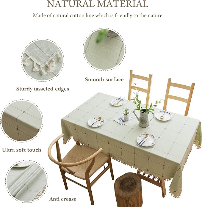 Pahajim Rustic Linen Tablecloth Cotton Rectangle Table Cloth for Kitchen Dining with Tassel Plaid Waterproof Tablecloths Square,55''x55'',4 Seats