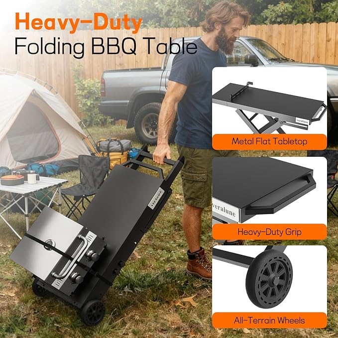 veralune Folding Grill Table, Outdoor Prep Table with 2 Wheels, Adjustable Height Portable Grill cart for Outdoor Cooking Camping BBQ Tailgating Picnicking