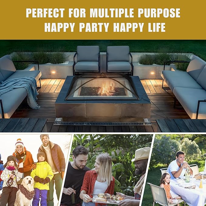 WeCooper 32Inch Heavy Duty Fire Pit Spark Screen Cover, Steel Mesh Square Firepit Screen, Fire Pit Ember Guard with FirePit Poker