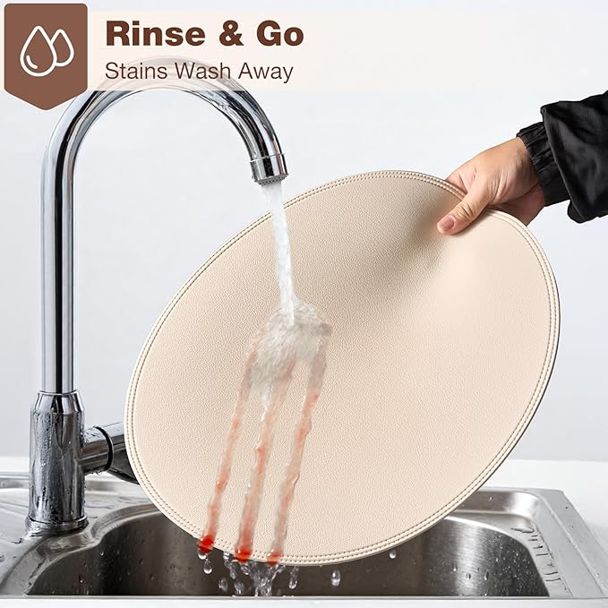 Round Vinyl Beige Placemats Set of 6, Faux Leather Waterproof Wipeable Heat Resistant Place Mats, Washable Table Mats for Halloween, Thanksgiving & Christmas Dinner (Beige)
