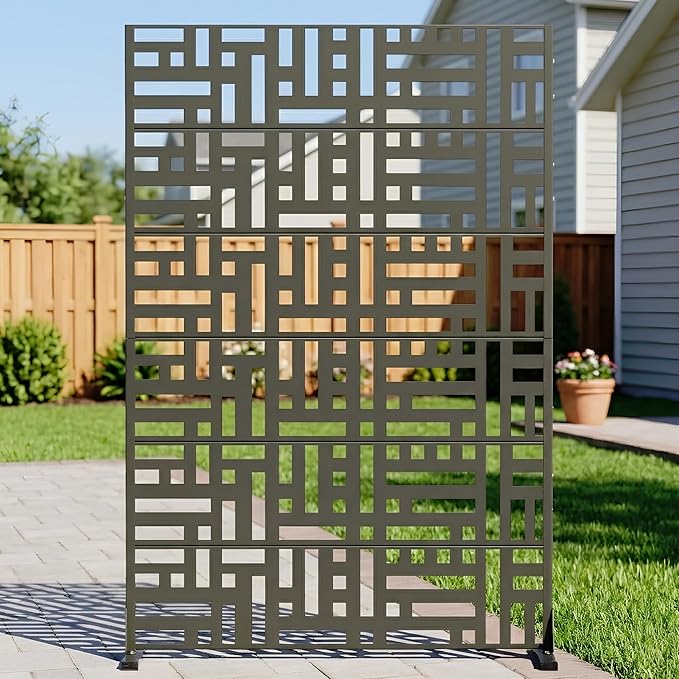 Casaphoria Metal Privacy Screen Outdoor, 72" H x 47" W Freestanding Decorative Privacy Screen for Patio Deck Balcony Garden with Stable Base, Grey-Helen