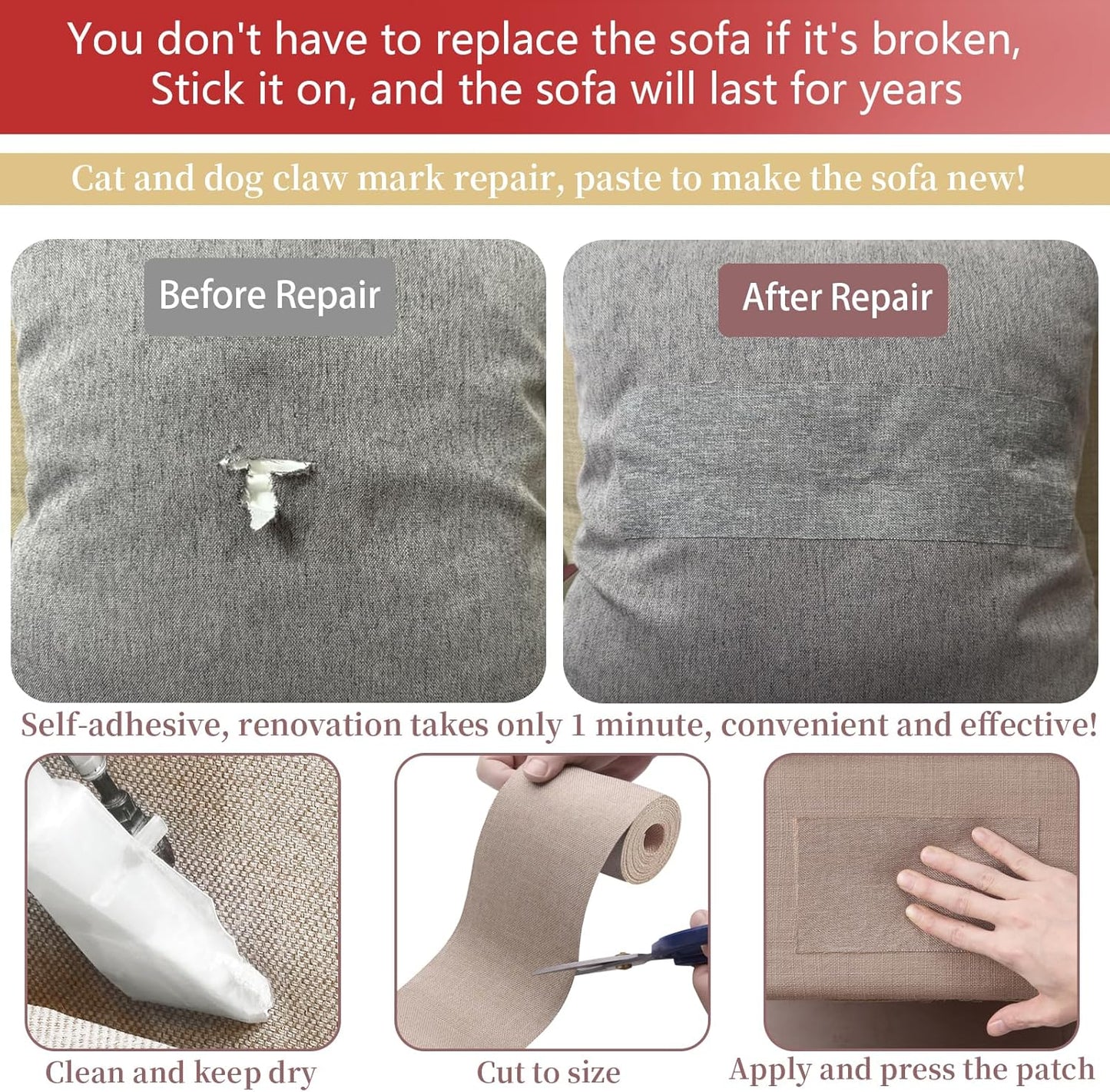 Linen Repair Tape 4x70 Inch Self-Adhesive Couch Patch Repair Fabric Patch for Furniture,Sofas,Cushion,Chairs,Bags,Linen Goods(Oatmeal)