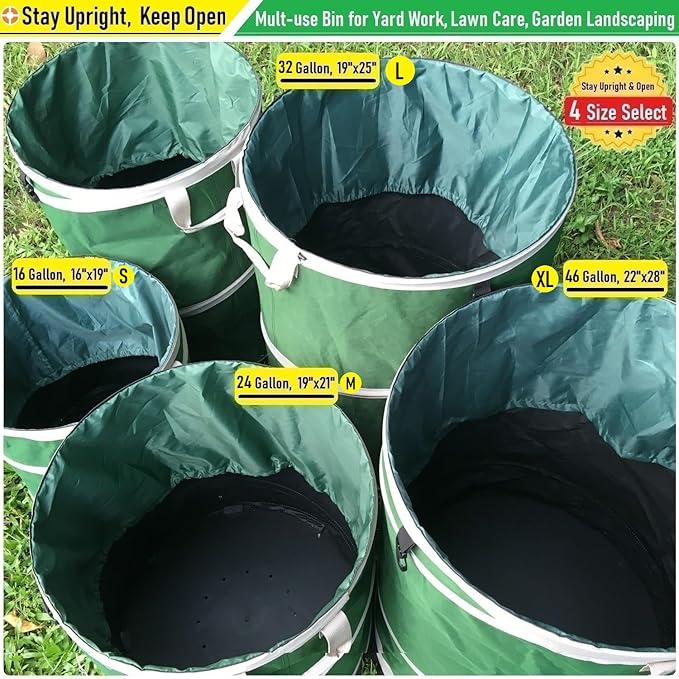 32-Gallon Collapsible Trash Can (19x25 in) Hard-Shell Bottom Leaf Bag,Yard Waste Bag,Garden Debris Container,Pop-Up Recycling Bin,RV Camping Waste Bin,Laundry Hamper,Lawn Grass Clippings,Weeds Basket
