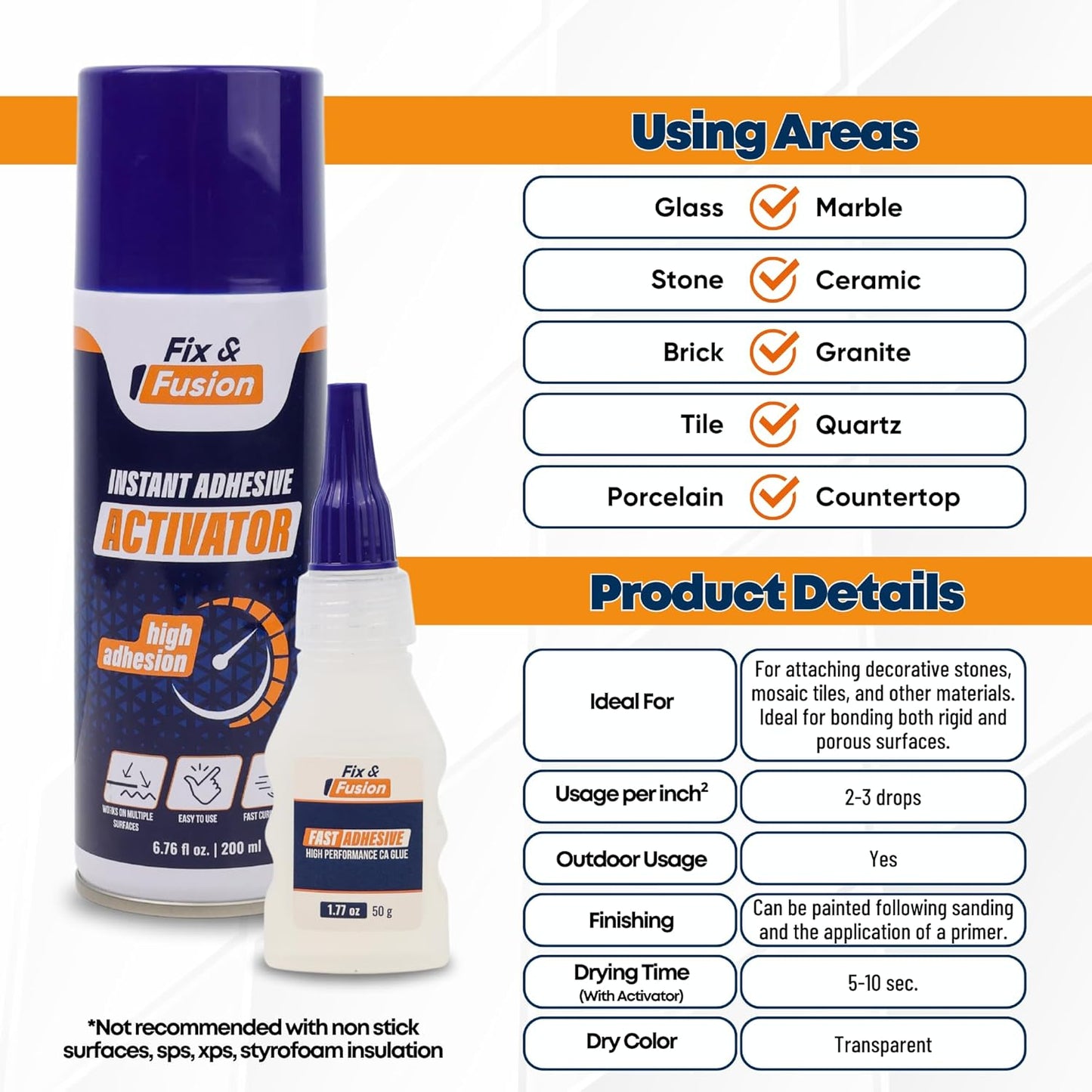 FIX & FUSION Ca Super Glue (1.77 Oz) with Activator Spray (6.76 Fl Oz) Set, Fast Adhesive/Cyanoacrylate Glue & Instant Activator for Woodworking, Plastic, Rubber, Granite, DIY & Industrial, (4 Pack)