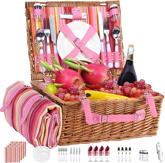Neti Neti Wicker Picnic Basket for 4 with Insulated Cooler & Waterproof Blanket – Large Willow Picnic Hamper for Outdoor, Camping, Beach, Romantic Dates, Valentine’s Day