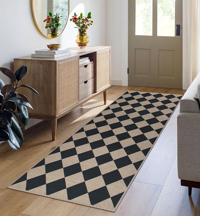 Easy Jute Checkered Runner Rug, 2x6 Black Modern Washable Rugs Runner for Hallway Non-Slip Long Kitchen Rug, Geometric Diamond Indoor Outdoor Carpet for Porch Laundry Entryway