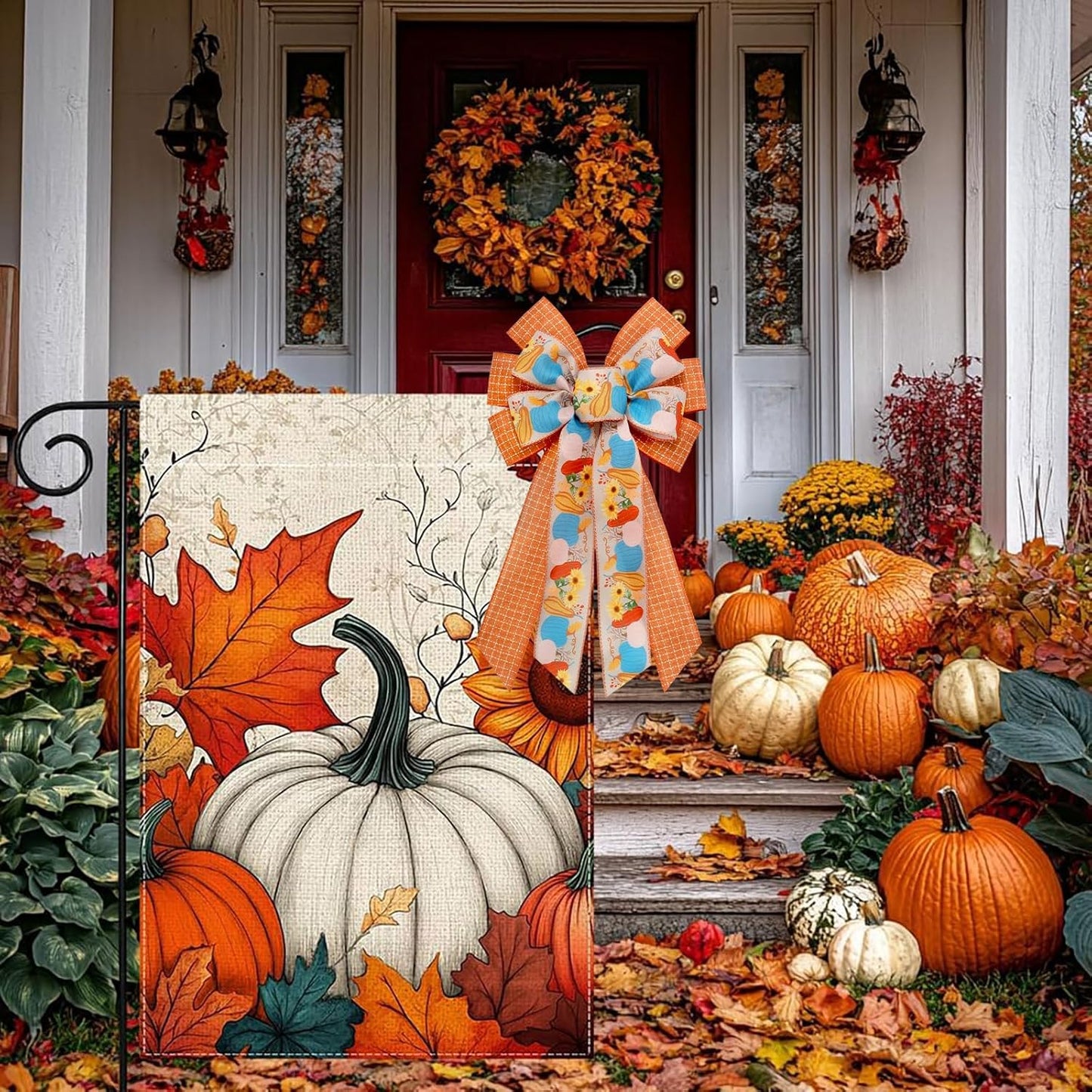 2 Rolls Fall Pumpkins Leaves Ribbons for Bows, Thanksgiving Wired Edge Ribbon Orange Buffalo Plaid Burlap Ribbons for Gift Wrapping Autumn Thanksgiving Decoration Supplies