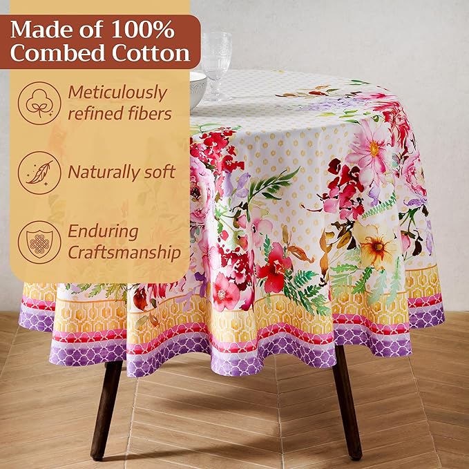 Maison d'Hermine Premium Table Cloth Round Table 100% Cotton 70 Inches Tablecloth Reusable Decorative Everyday Use for Dining Room, Farmhouse, Home, Party, Festive & Wedding - Summer Joy